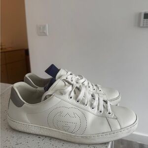 Gucci White Leather Sneaker with Navy Heel Tab
